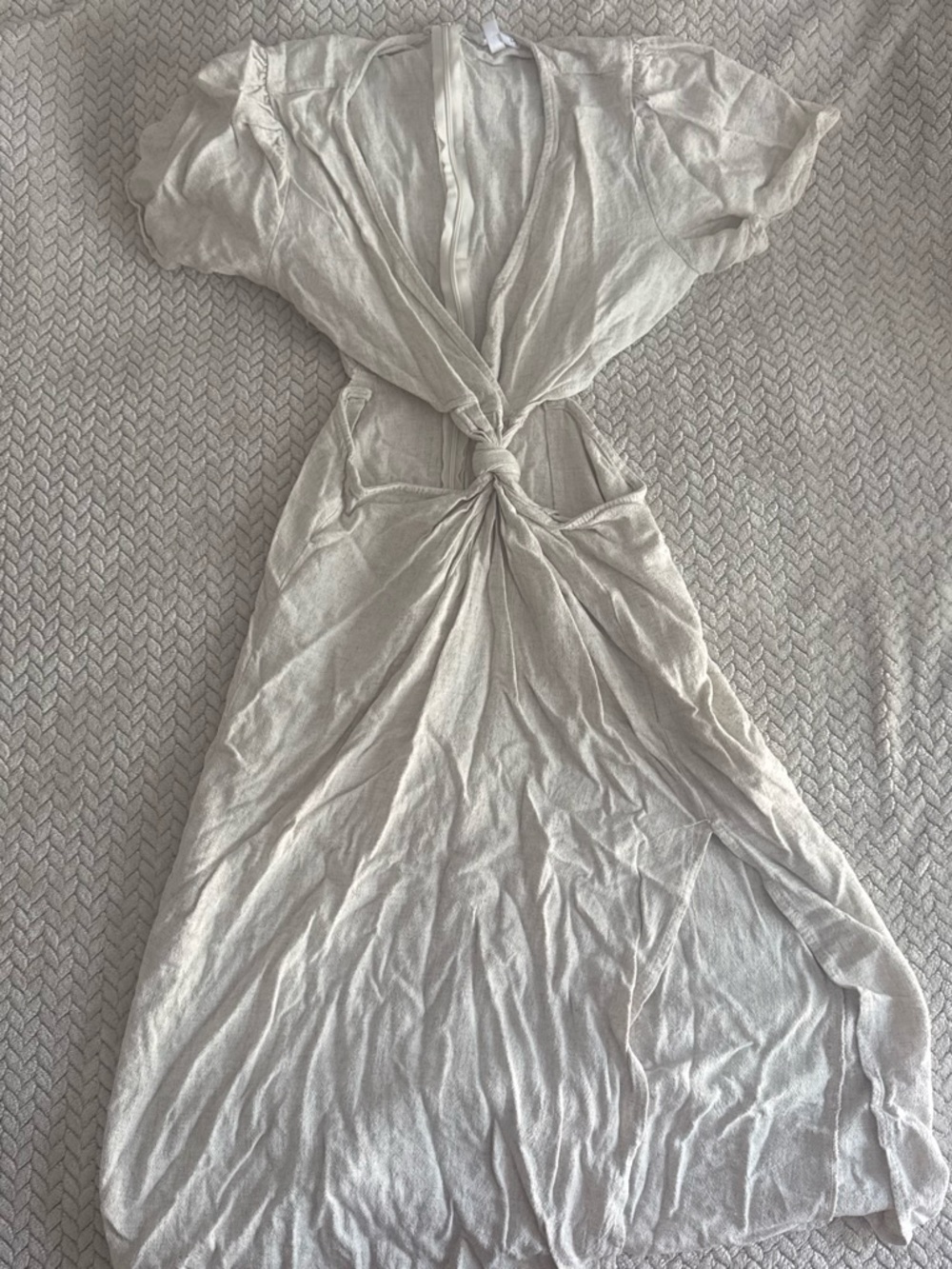 vestique Light Cream Twist-Front Midi Dress